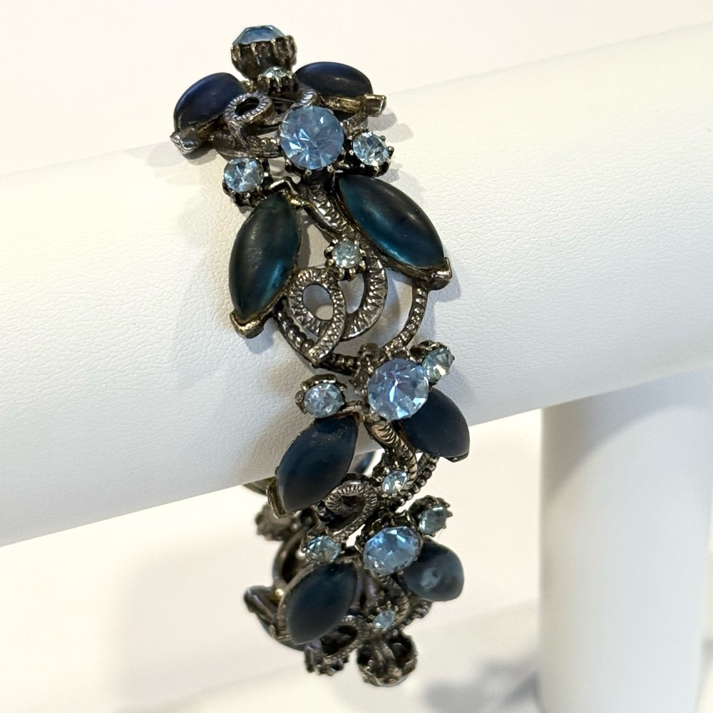 Vintage Florenza Blue Rhinestone Navette Marquise Bracelet Silver Tone Statement - Picture 1 of 16